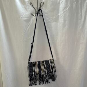 Boho Fringe Crossbody Bag – Navy & Cream Woven Fabric